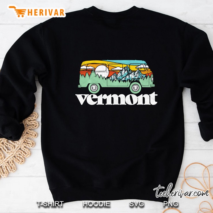 Retro Vermont Hippie Van Mountains Trees & Sun Graphic Sweatshirt