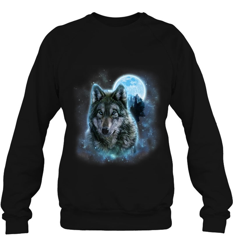 Grey Wolf Hunting Ground, Icy Moon, Forest, Galaxy Sweatshirt