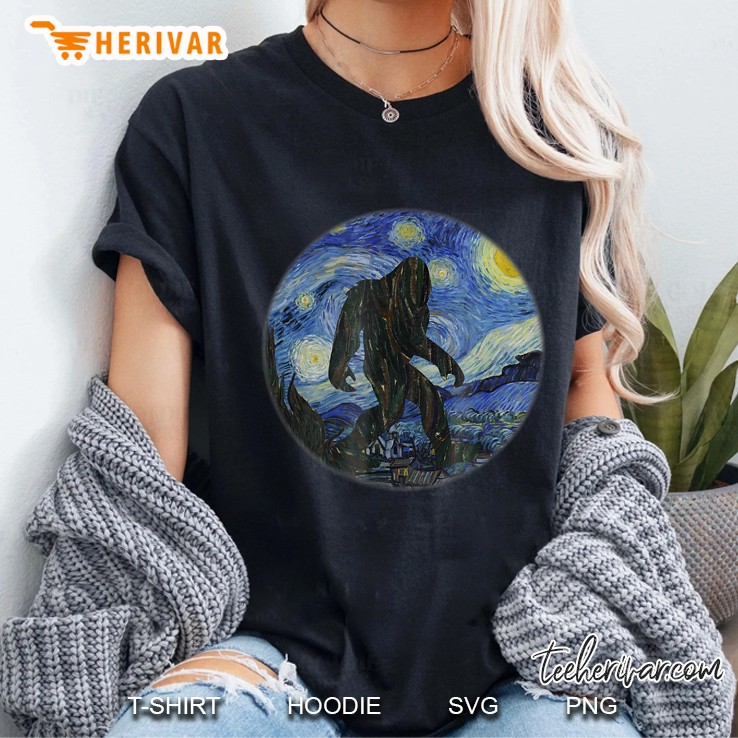 Bigfoot Starry Night Painting Shirt Van Gogh Fine Art Sasquatch Ladies Tee