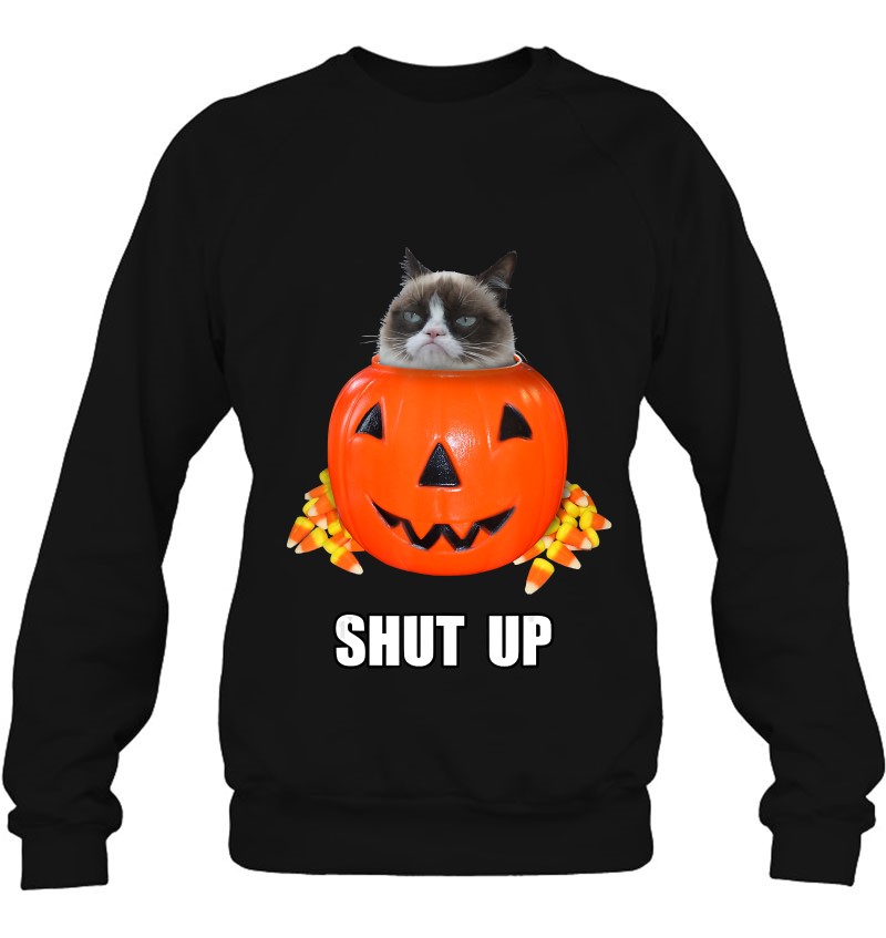 Grumpy Cat Halloween Shut Up Pumpkin Candy Corn Sweatshirt