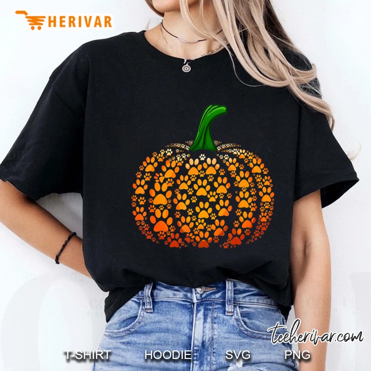 Funny Pumpkin Dog Cat Paw Print Halloween Ladies Tee