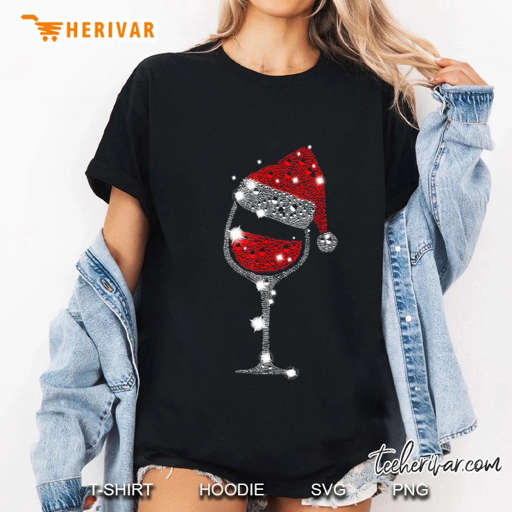 Red Wine Glass Christmas Tee Funny Santa Hat Xmas Gift Ladies Tee