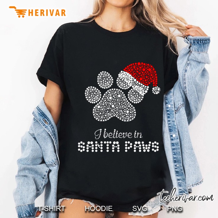 I Believe In Santa Paws Sparkle Santa Hat Paw Dog Christmas Ladies Tee