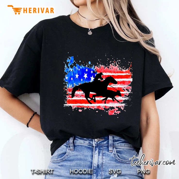 American Flag Cowhorse Horse Calf Roping Pullover Ladies Tee