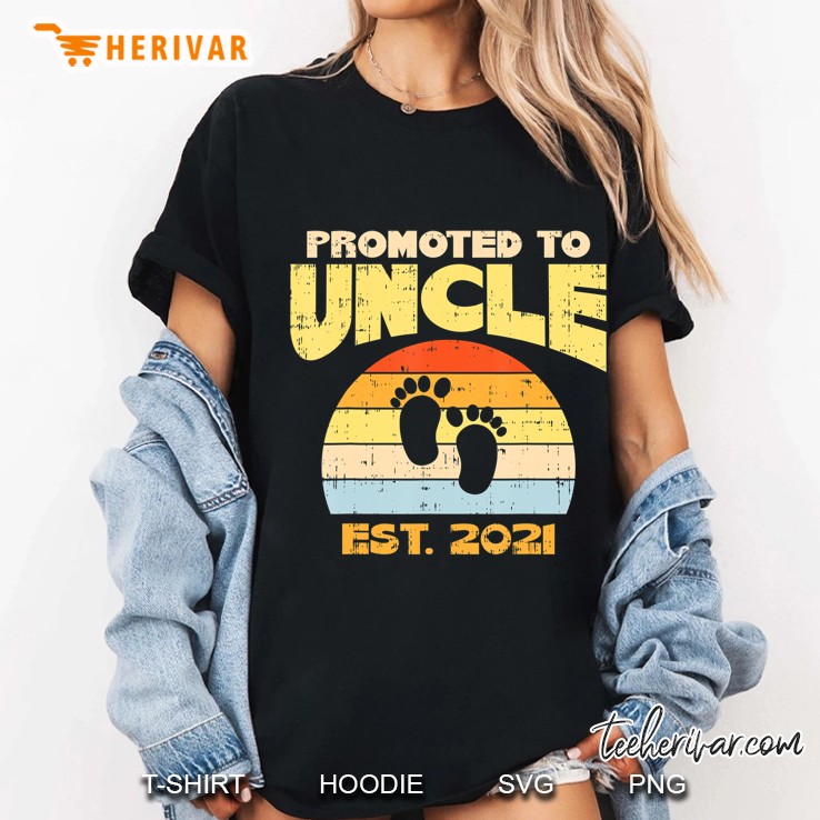 Mens Promoted Uncle 2021 Feet Retro Pregnancy Announcement Gift Ladies Tee