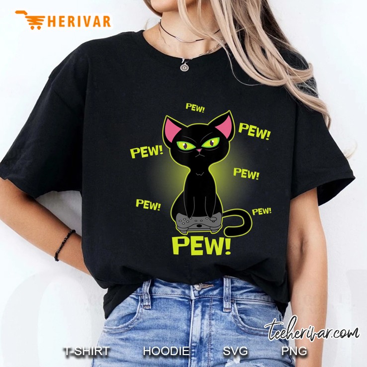 Pew Pew Pew Funny Black Cat Video Game Lovers Controller Ladies Tee