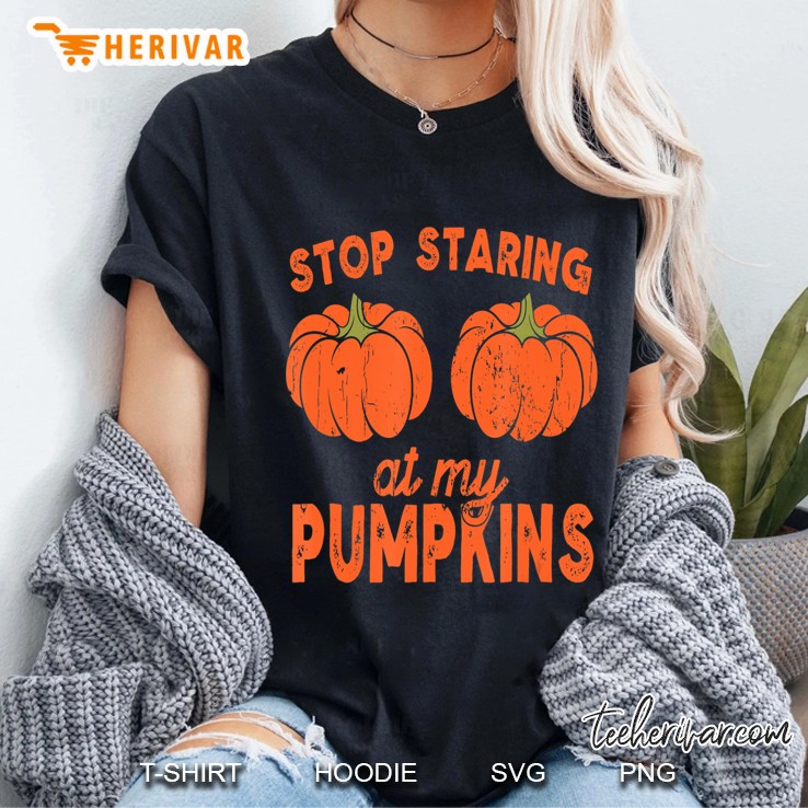 Stop Staring At My Pumpkins Funny Halloween Pumpkin Boobs Ladies Tee