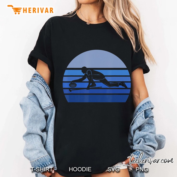 Blue Retro Curling Player Silhouette Gift Ladies Tee