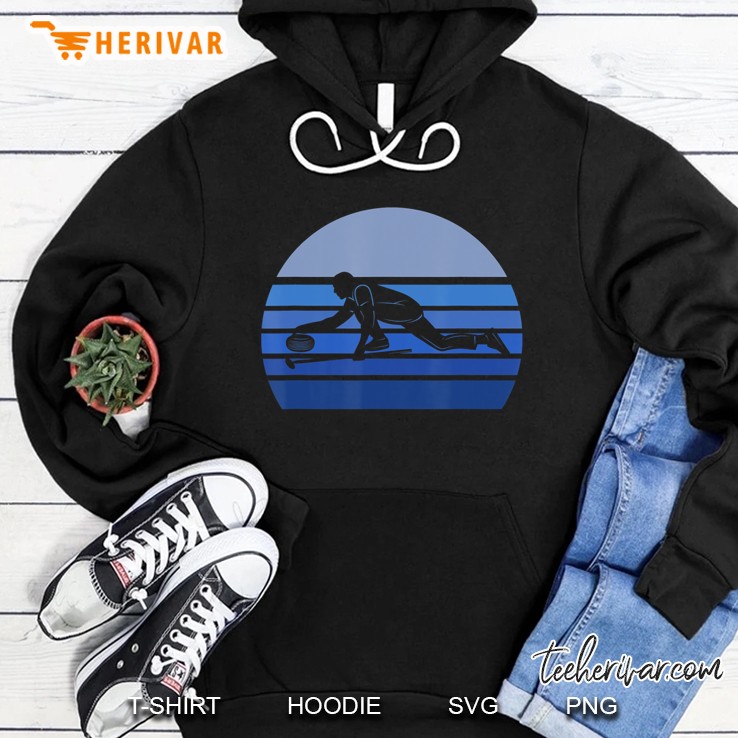 Blue Retro Curling Player Silhouette Gift Hoodie