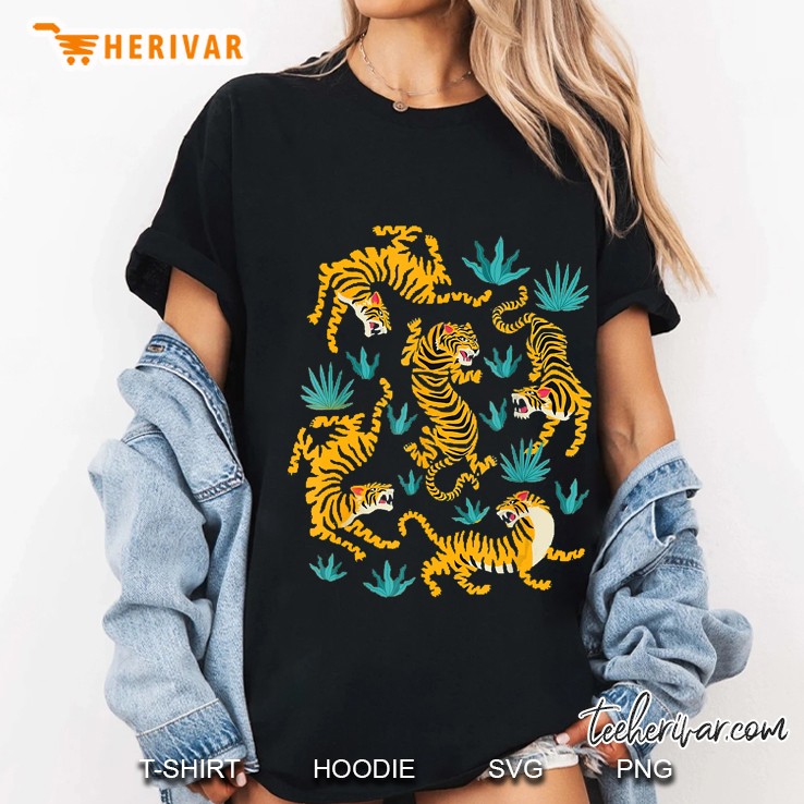 Dancing Tiger Forest Jungle Plants Graphic Roaring Cat Gift Ladies Tee