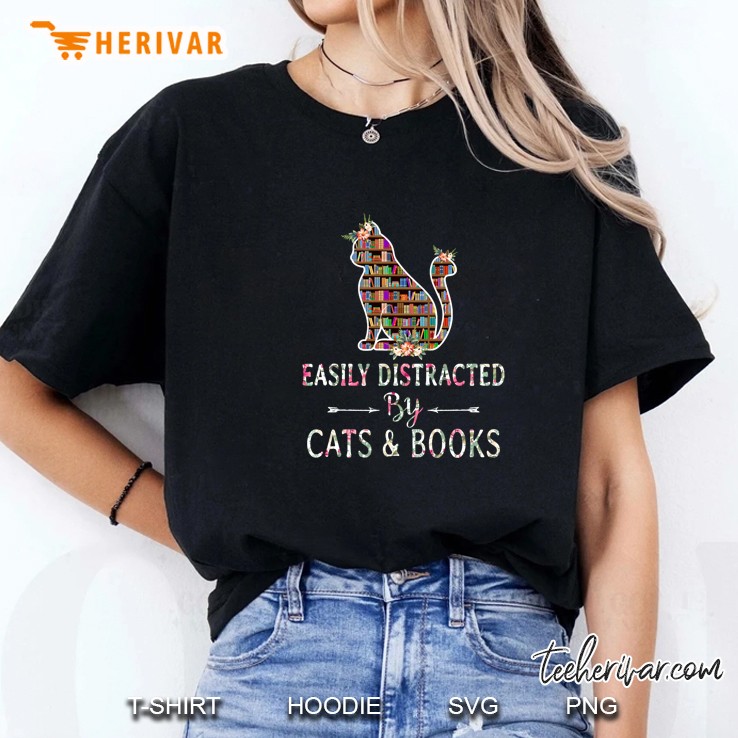 Cat Lover - Book Lover - Easily Distracted By Cat & Books Ladies Tee