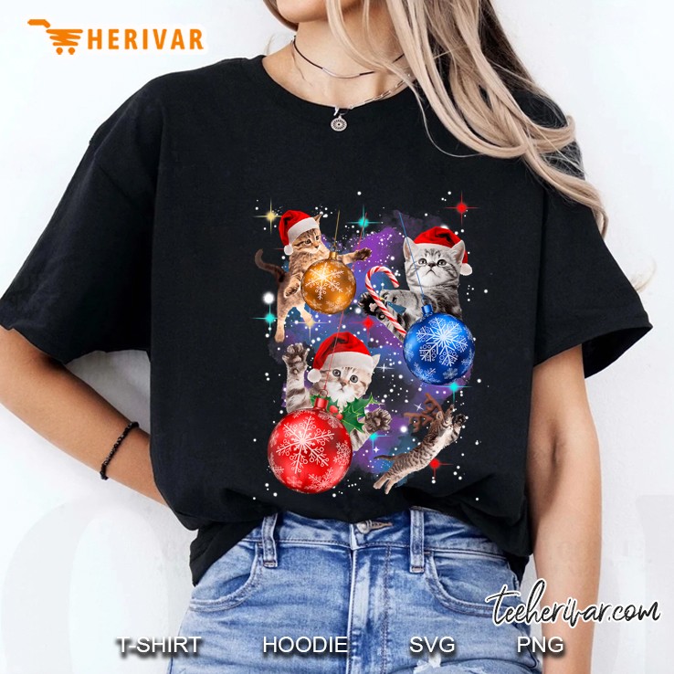 Cute Christmas Cats In Space Ornaments Graphic Ladies Tee
