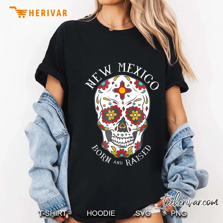 New Mexico Born And Raised Zia Symbol Sugar Skull Ladies Tee