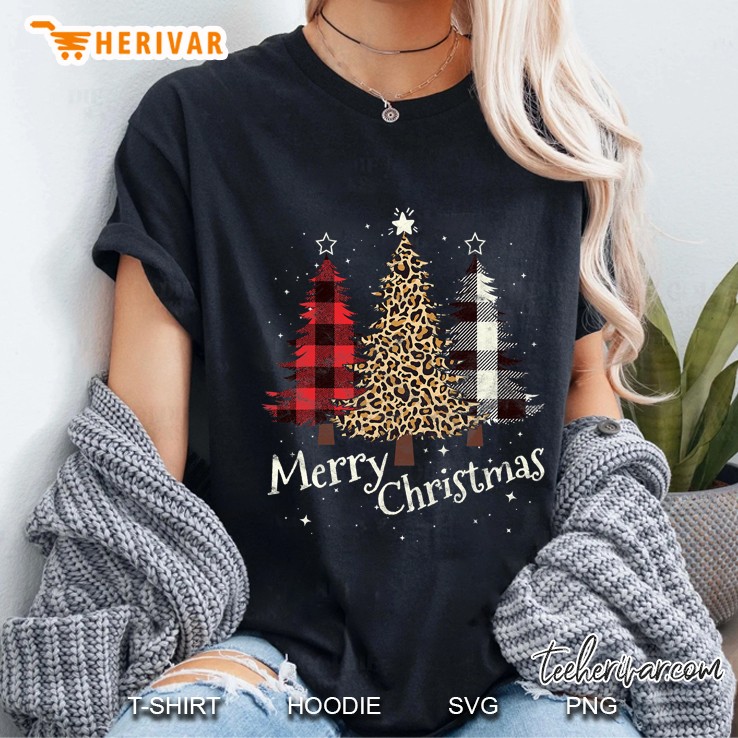 Merry Christmas Gift Three Xmas Trees Buffalo Plaid Woman Ladies Tee