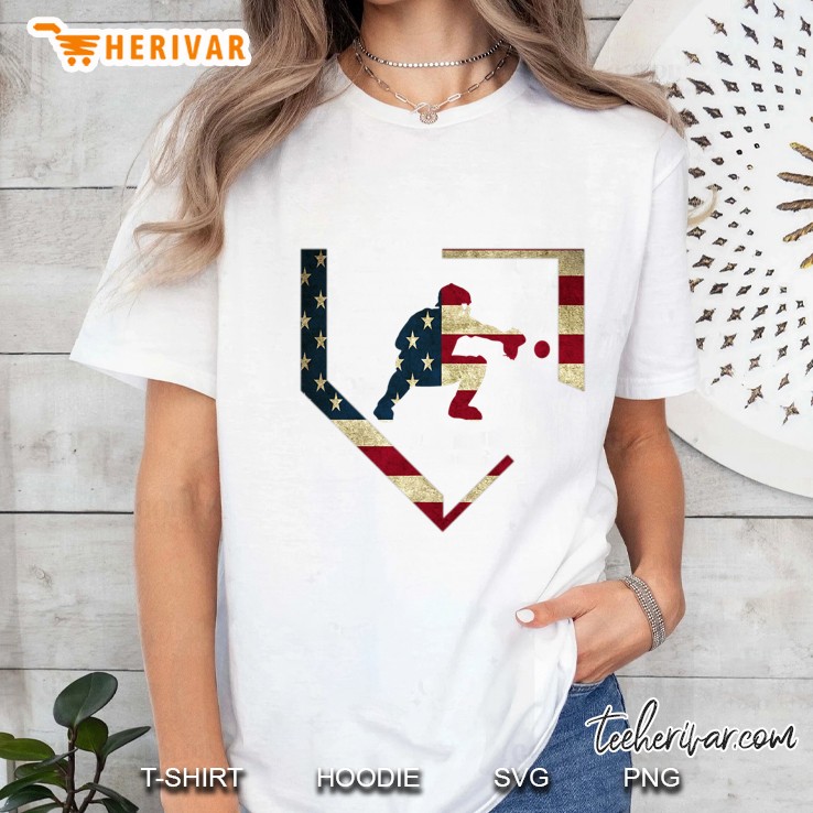 High School Baseball Catcher Gear American Flag Gift Sports Ladies Tee