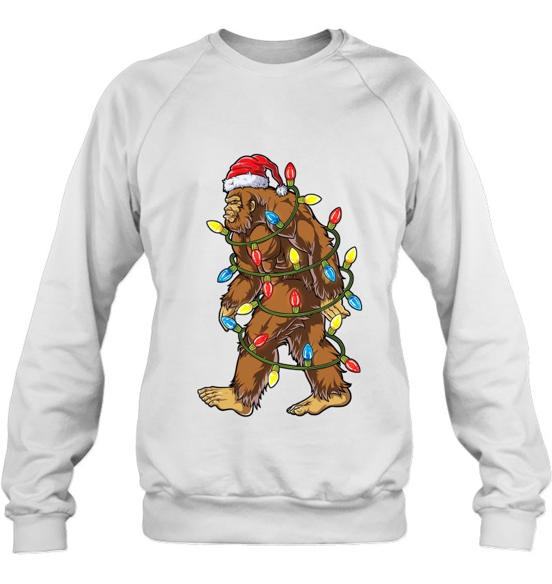 Bigfoot Santa Christmas Tree Lights Xmas Boys Men Sasquatch Sweatshirt 