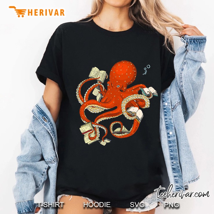 Reading Books Of Octopus Funny Book Lover Cute Nerd Animal Ladies Tee