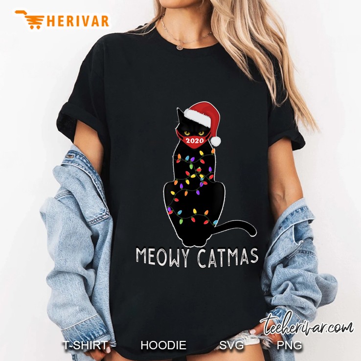 Santa Black Cat Mask Meowy Catmas Funny Gift For Cat Lovers Ladies Tee