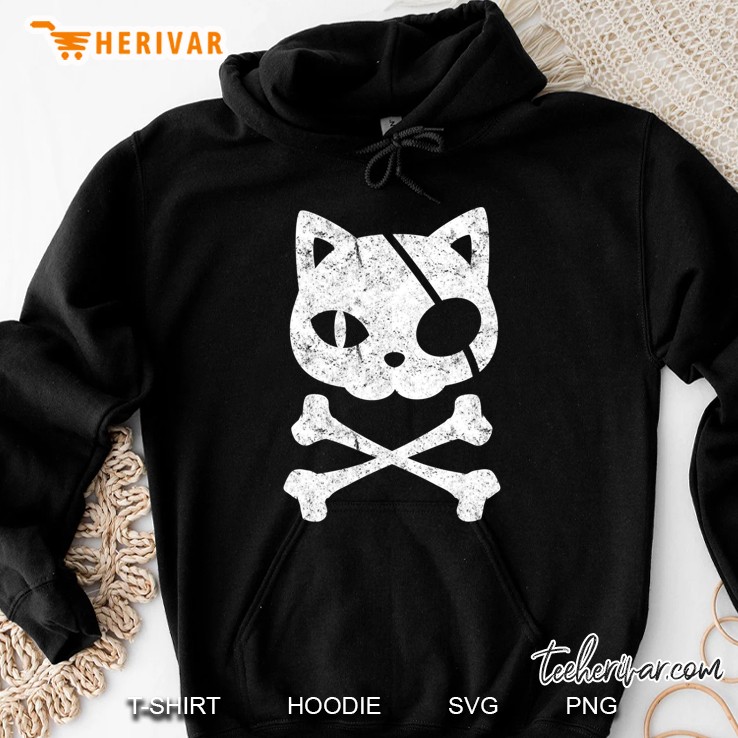 Vintage Pirate Cat Kitten Halloween Skull Cross Bones Hoodie
