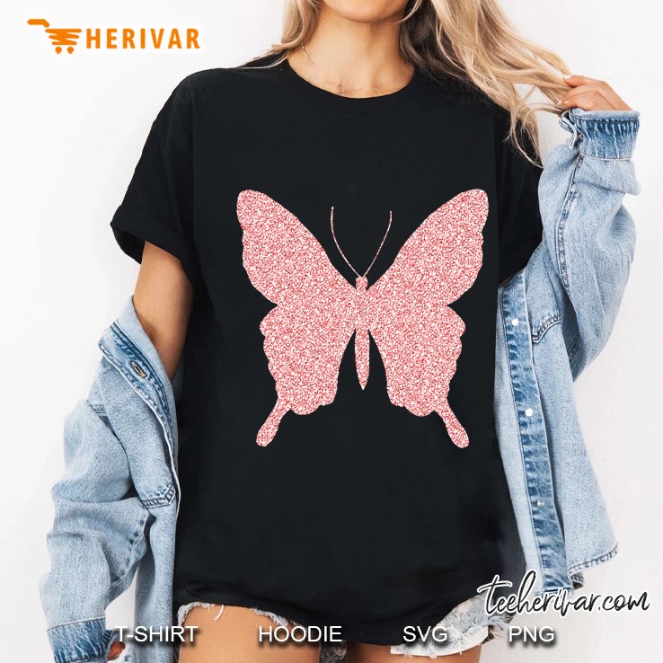 Butterfly Rose Gold Pink Glitter Shirt Butterfly Lover Ladies Tee