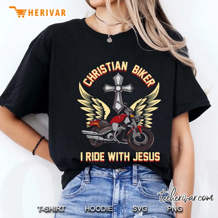 Christian Biker I Ride With Jesus Motorcycle Rider Ladies Tee