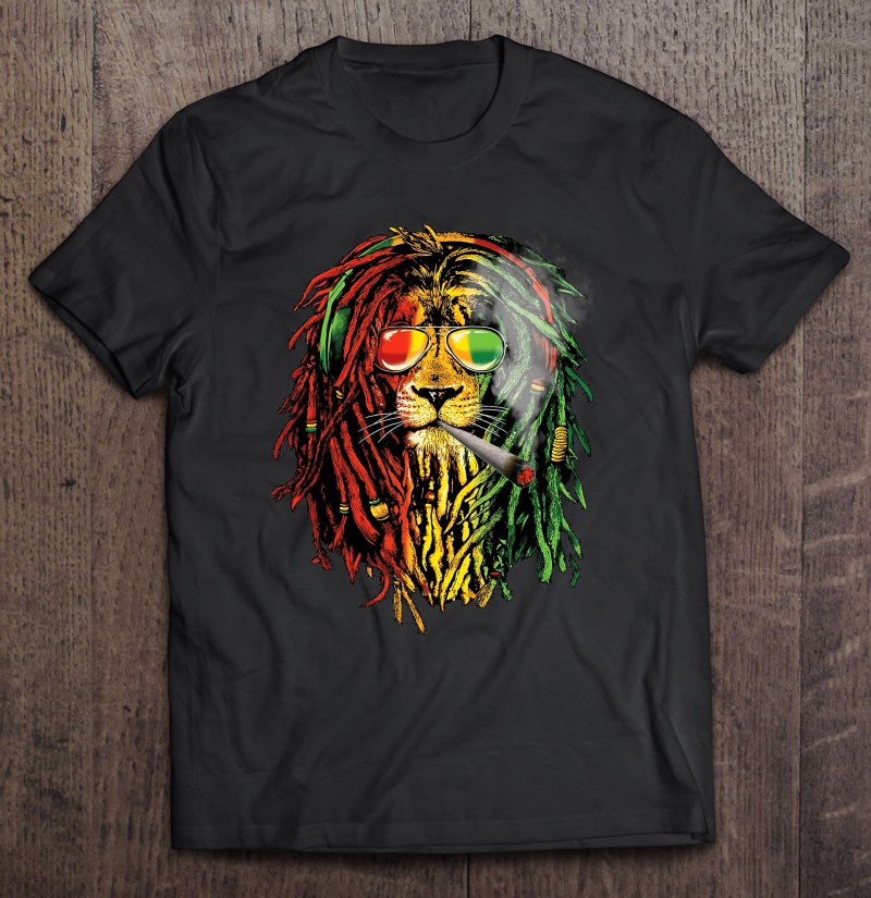 Lion Rasta Weed Smoking Tee Cool T Shirt Noir 