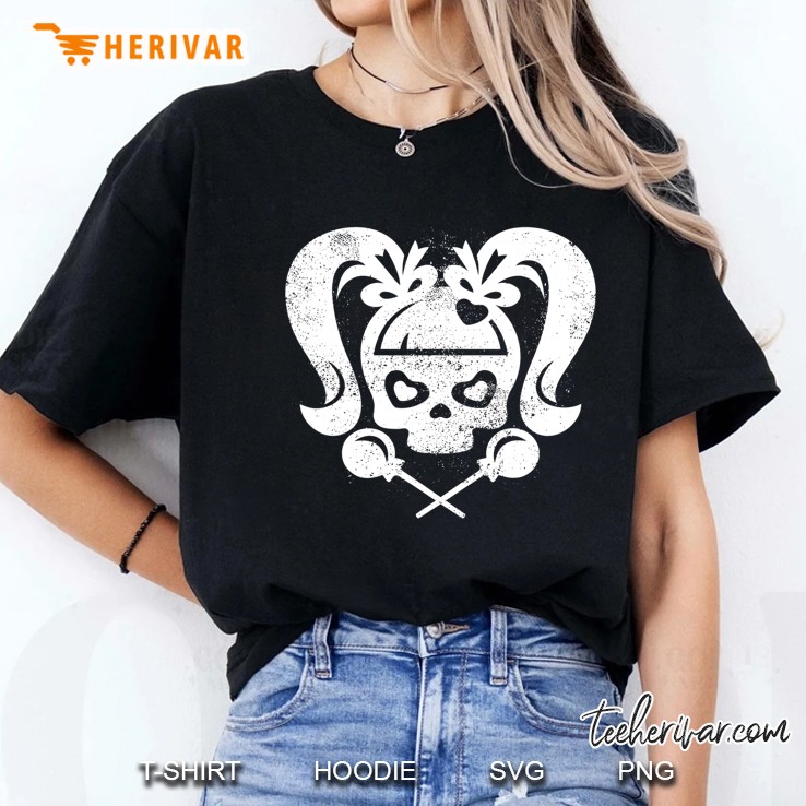 Cute Skull With Pigtails, Bangs, Bows, Hearts And Lollipops Ladies Tee