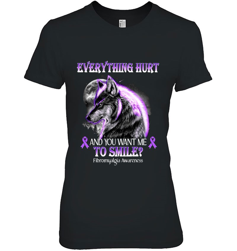 Everything Hurt And You Want Me To Smile Fibromyalgia Awareness Purple Ribbon Wolf Lover Moon Mugs