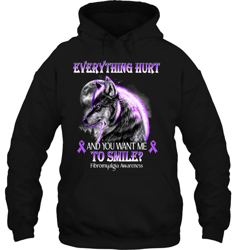 Everything Hurt And You Want Me To Smile Fibromyalgia Awareness Purple Ribbon Wolf Lover Moon Mugs