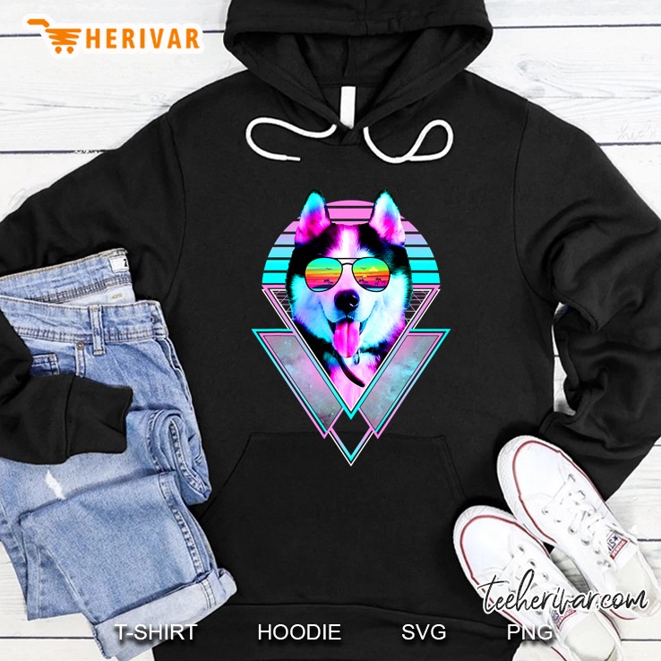 Husky Dog Sunglasses Vintage Retro Vaporwave Beach Vibe Hoodie