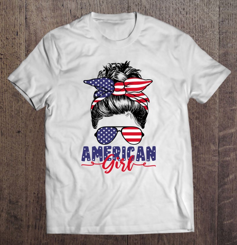 Patriotic American Flag Womens Shirt Messy Mom Bun Girl Fourth of July Bleached Shirt