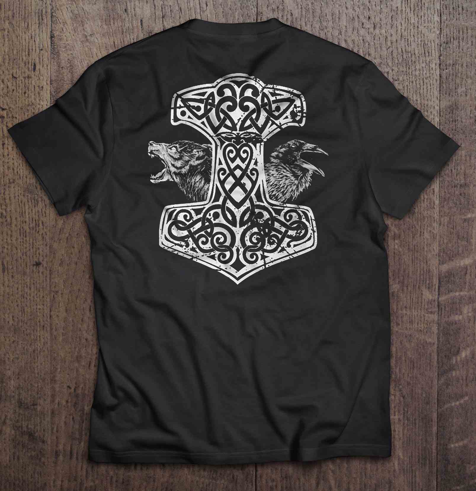 Viking Thor's Hammer With Wolf And Raven - Black Version Shirt | TeeHerivar