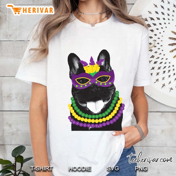 Funny French Bulldog Mardi Gras Shirt Dog Beads Frenchie Ladies Tee