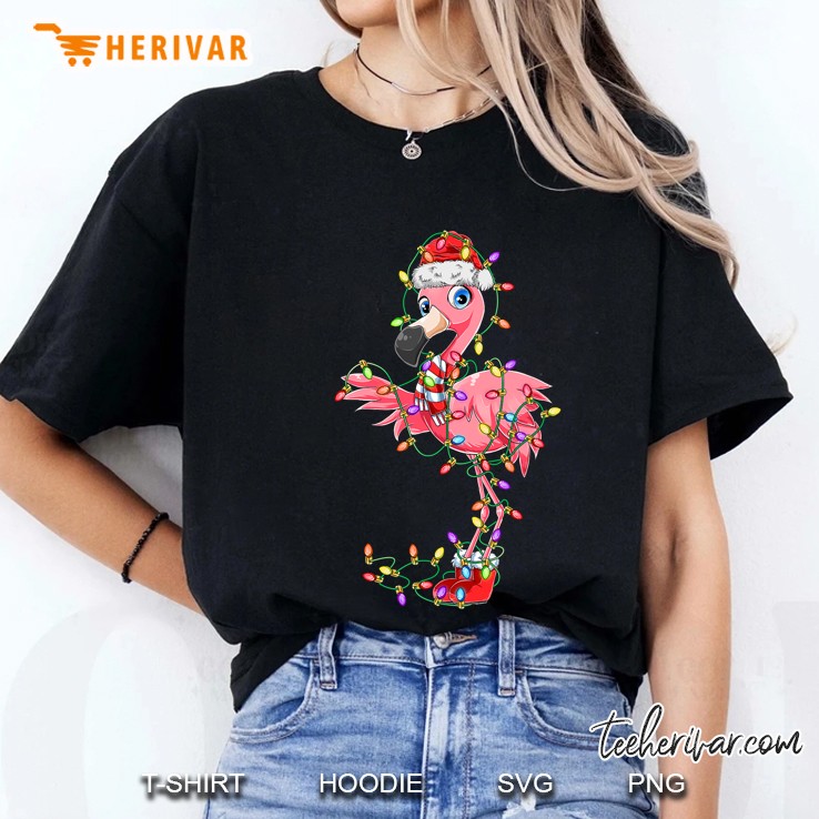 Flamingo Christmas Gift Xmas Lights Santa Pink Cute Flamingo Ladies Tee