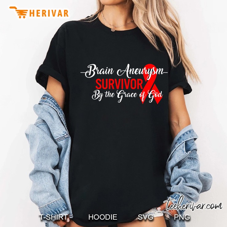 Brain Aneurysm Awareness Survivor By God Grace Red Ribbon Ladies Tee