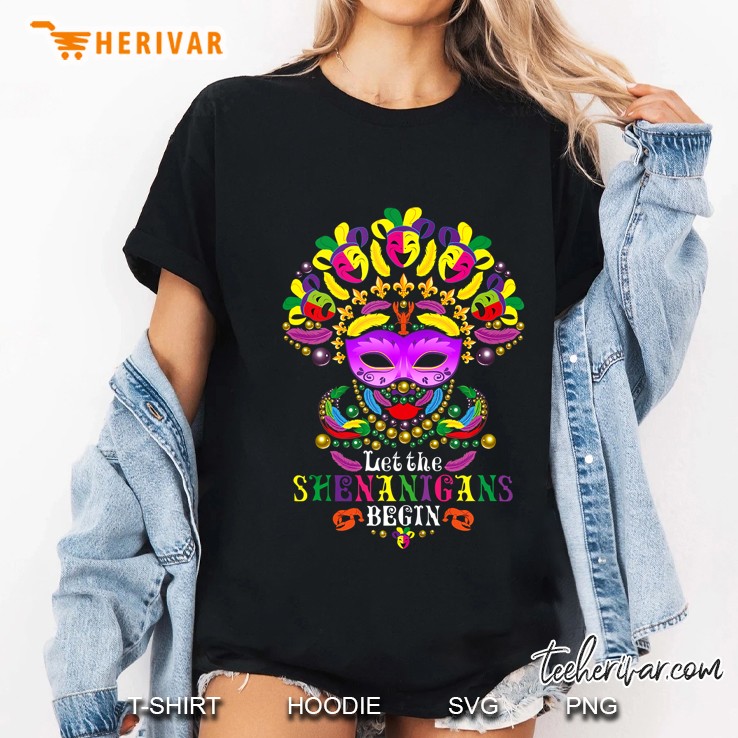 Mardi Gras Let The Shenanigans Begin Beads Mask Fleur De Lis Tank Top Ladies Tee