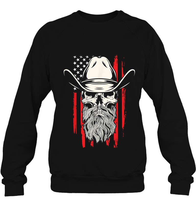 Bearded Cowboy Skull Hat Distressed American Flag Style Sweatshirt