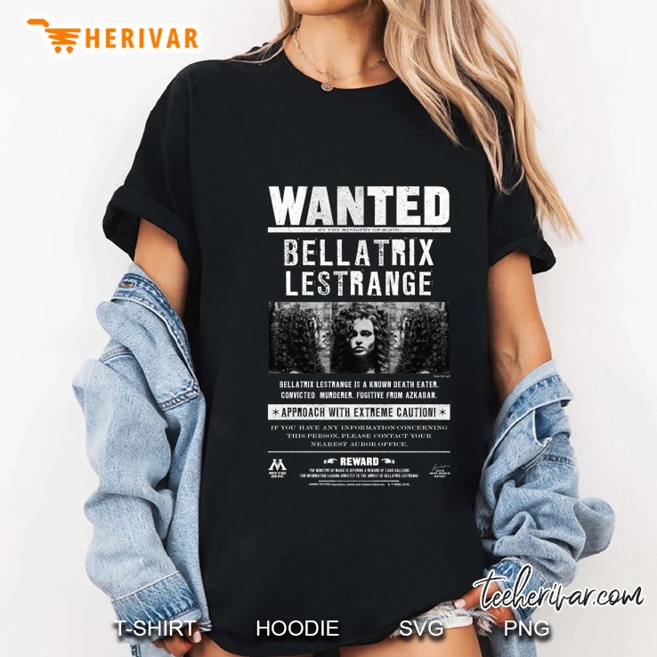 Womens Harry Potter Bellatrix Lestrange Wanted Poster White Text V-Neck Ladies Tee