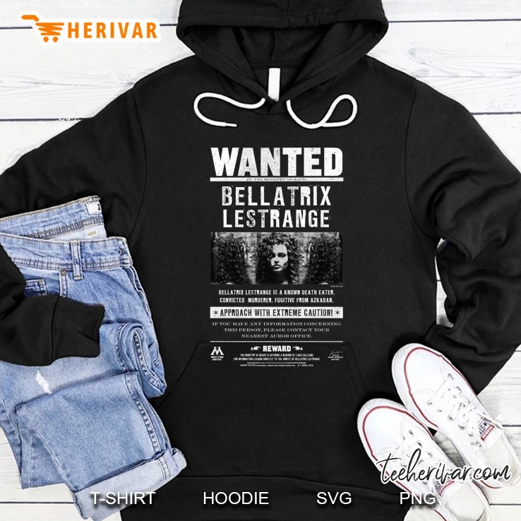 Womens Harry Potter Bellatrix Lestrange Wanted Poster White Text V-Neck Hoodie