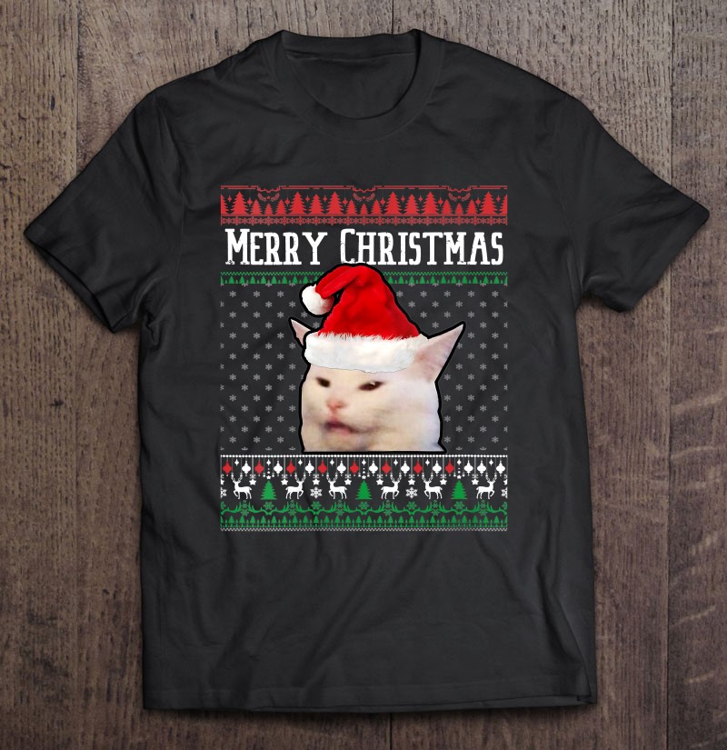 Womens Woman Yelling At A Smudge Cat Ugly Christmas Sweater Meme V-Neck Tee