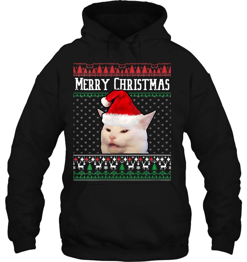Womens Woman Yelling At A Smudge Cat Ugly Christmas Sweater Meme V-Neck Mugs