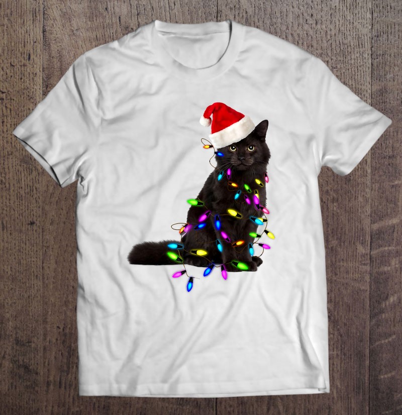 Funny Santa Black Cat In Xmas Lights Cat Mom Cat Dad Pajamas Shirt