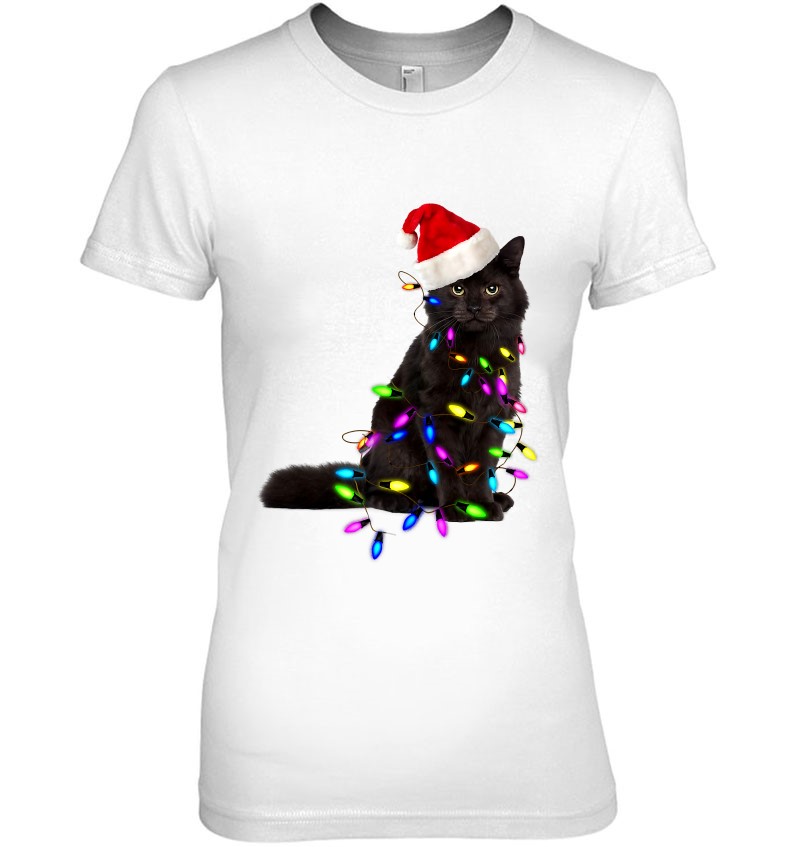 Funny Santa Black Cat In Xmas Lights Cat Mom Cat Dad Pajamas Hoodie