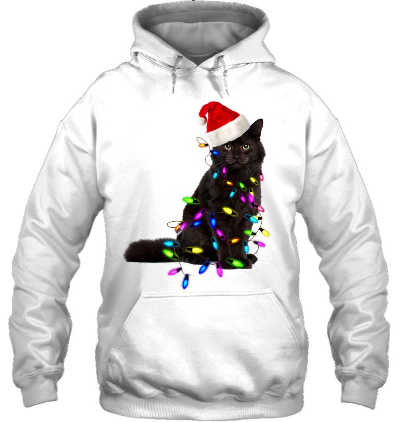 Funny Santa Black Cat In Xmas Lights Cat Mom Cat Dad Pajamas Hoodie