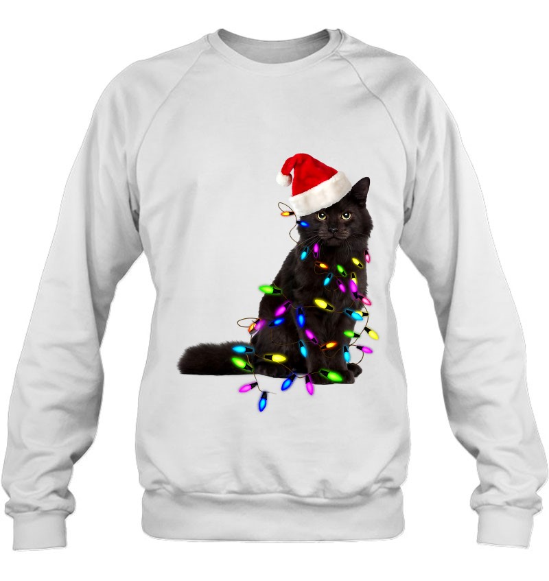 Funny Santa Black Cat In Xmas Lights Cat Mom Cat Dad Pajamas Sweatshirt