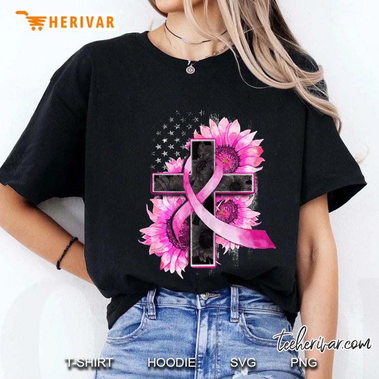 Christian Cross Pink Ribbon Sunflower Breast Cancer Warrior Tank Top Ladies Tee