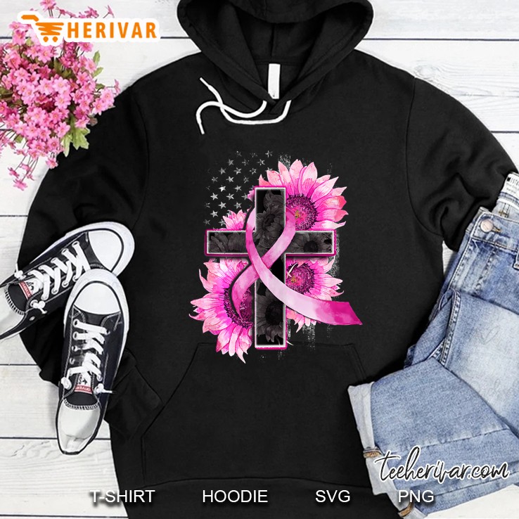 Christian Cross Pink Ribbon Sunflower Breast Cancer Warrior Tank Top Hoodie