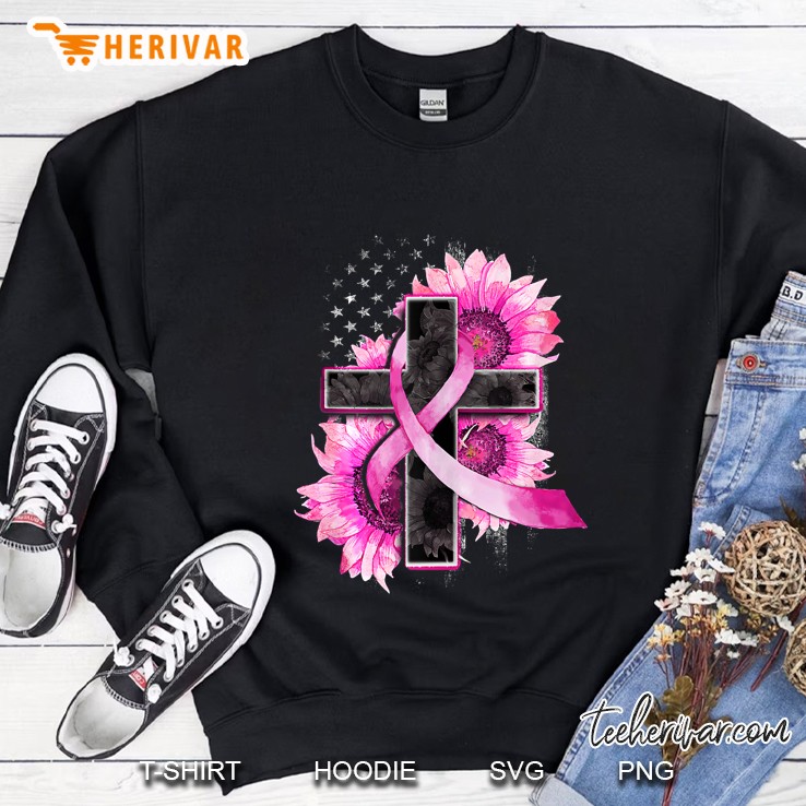 Christian Cross Pink Ribbon Sunflower Breast Cancer Warrior Tank Top Sweatshirt