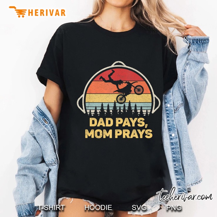 Retro Motocross Dad Pays Mom Prays Funny Dirt Bike Enduro Tank Top Ladies Tee