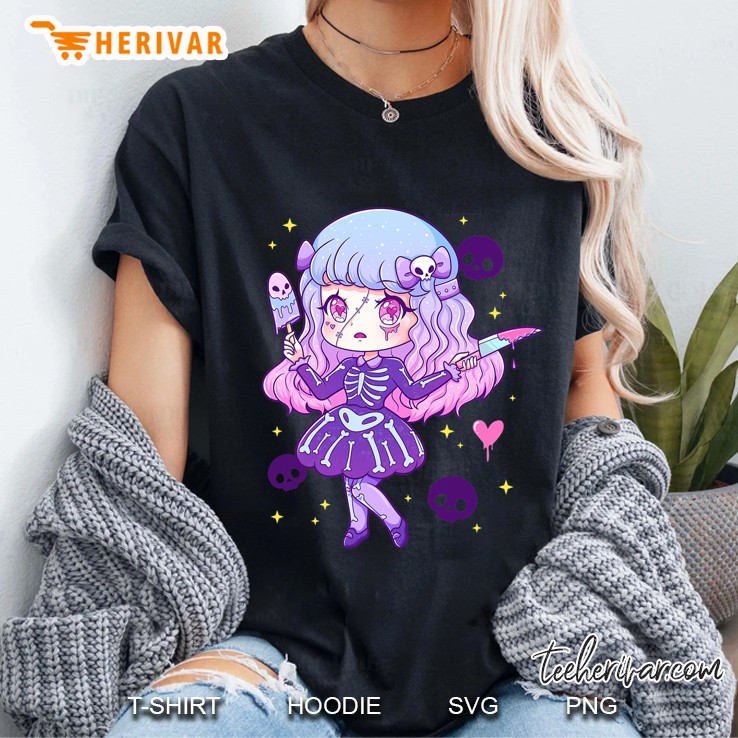 Kawaii Pastel Goth Cute Creepy Menhera Skeleton Girl Ladies Tee